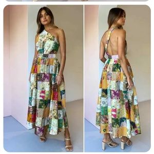 Alemais Hattie one shoulder patchwork dress midi